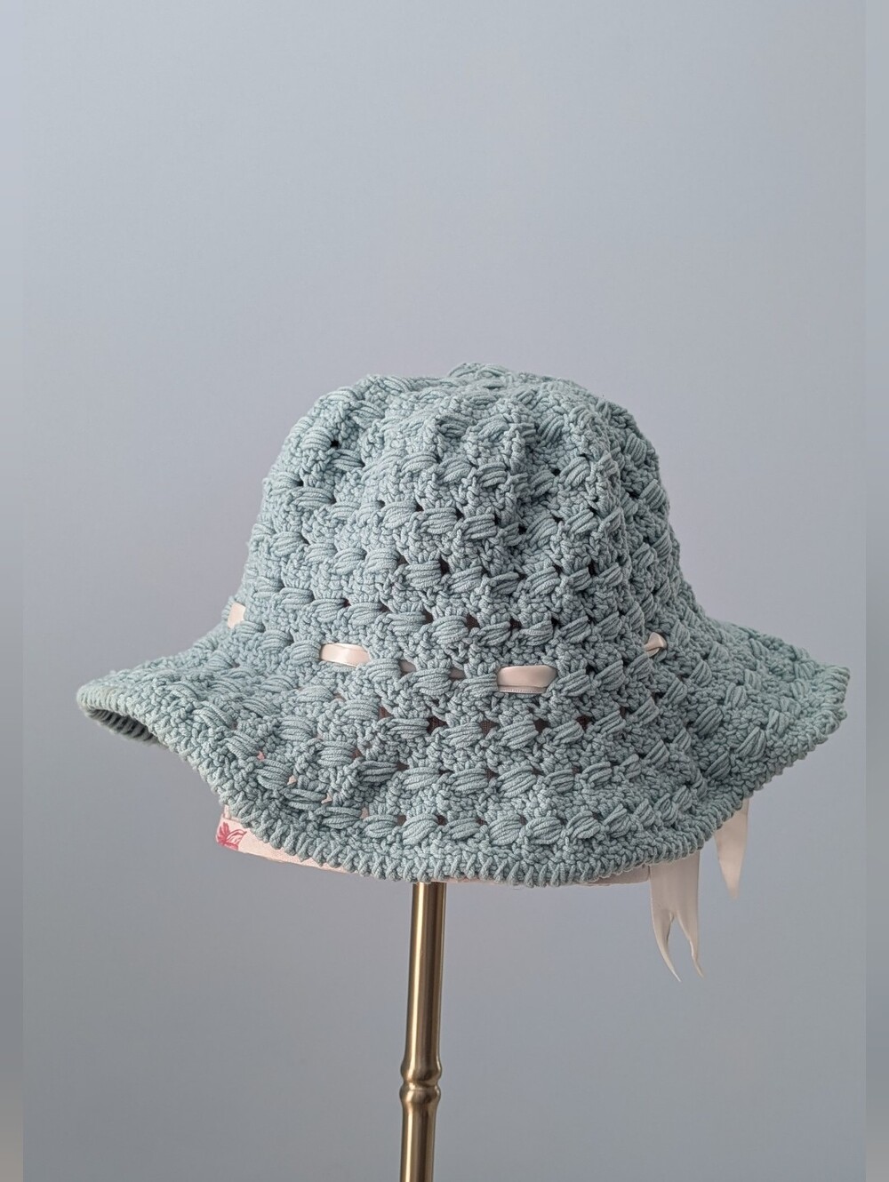 Crochet Sun Hat with Ribbon Trim - Tiffany Blue- Hand Made